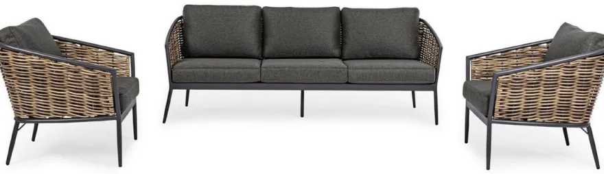 Casa Padrino Luxus Gartenmöbel Set Anthrazit / Braun - 1 Luxus Gartensofa & 2 Luxus Gartensessel - Garten Möbel - Terrassen Möbel - Hotel Möbel - Pool Möbel - Outdoor Möbel - Luxus Möbel