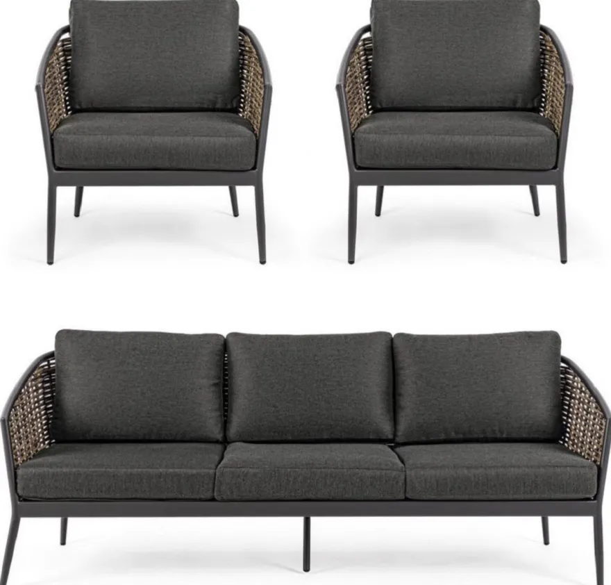 Casa Padrino Luxus Gartenmöbel Set Anthrazit / Braun - 1 Luxus Gartensofa & 2 Luxus Gartensessel - Garten Möbel - Terrassen Möbel - Hotel Möbel - Pool Möbel - Outdoor Möbel - Luxus Möbel