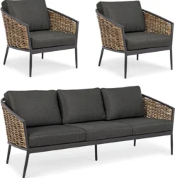 Casa Padrino Luxus Gartenmöbel Set Anthrazit / Braun - 1 Luxus Gartensofa & 2 Luxus Gartensessel - Garten Möbel - Terrassen Möbel - Hotel Möbel - Pool Möbel - Outdoor Möbel - Luxus Möbel