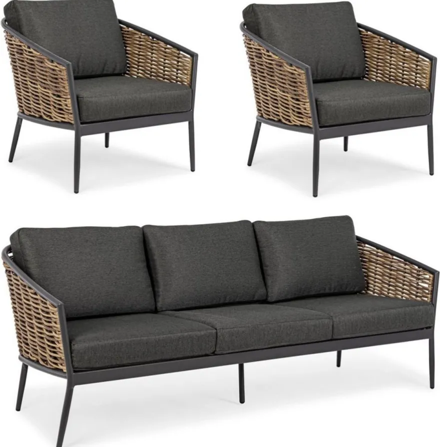 Casa Padrino Luxus Gartenmöbel Set Anthrazit / Braun - 1 Luxus Gartensofa & 2 Luxus Gartensessel - Garten Möbel - Terrassen Möbel - Hotel Möbel - Pool Möbel - Outdoor Möbel - Luxus Möbel