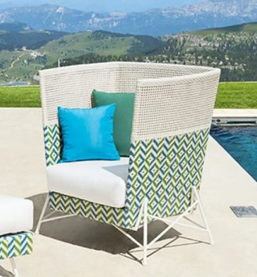 Casa Padrino Luxus Garten Sessel Weiß / Blau / Grün 98 x 85 x H. 104 cm - Handgewebter Wetterbeständiger Hochlehn Sessel - Garten & Terrassen Möbel - Luxus Kollektion