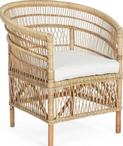 Casa Padrino Luxus Gartensessel Naturfarben / Weiß 79 x 72 x H. 86 cm - Rattan Garten & Terrassen Sessel mit Sitzkissen - Garten & Terrassen Möbel - Luxus Qualität