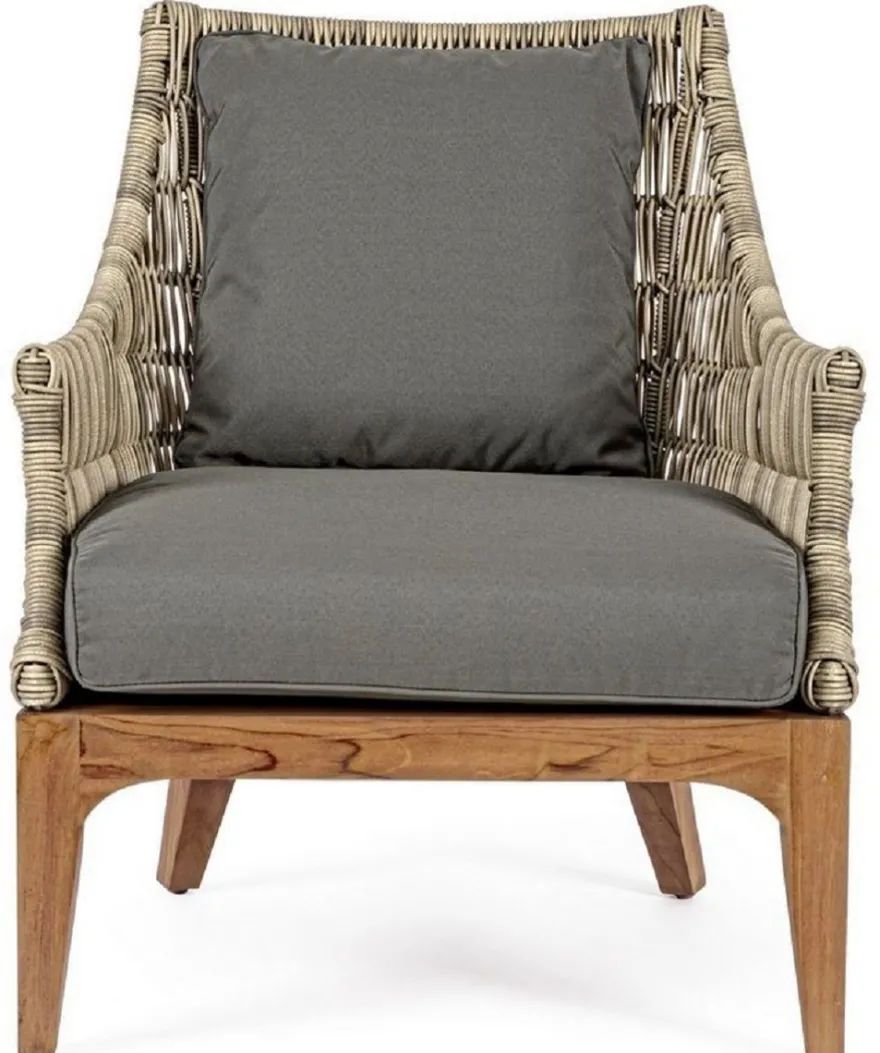Casa Padrino Luxus Gartensessel mit Kissen Grau / Naturfarben / Braun 69 x 73 x H. 80,5 cm - Wetterbeständiger Garten & Terrassen Sessel - Garten & Terrassen Möbel - Luxus Qualität