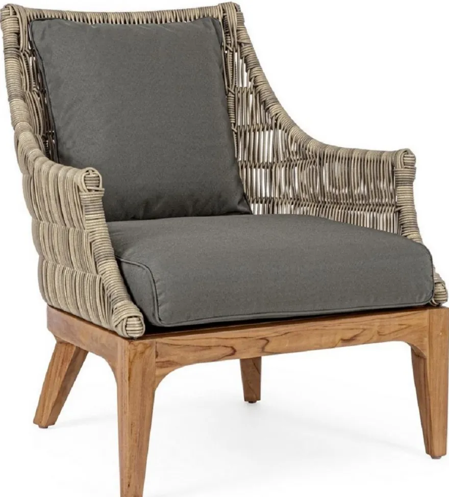 Casa Padrino Luxus Gartensessel mit Kissen Grau / Naturfarben / Braun 69 x 73 x H. 80,5 cm - Wetterbeständiger Garten & Terrassen Sessel - Garten & Terrassen Möbel - Luxus Qualität
