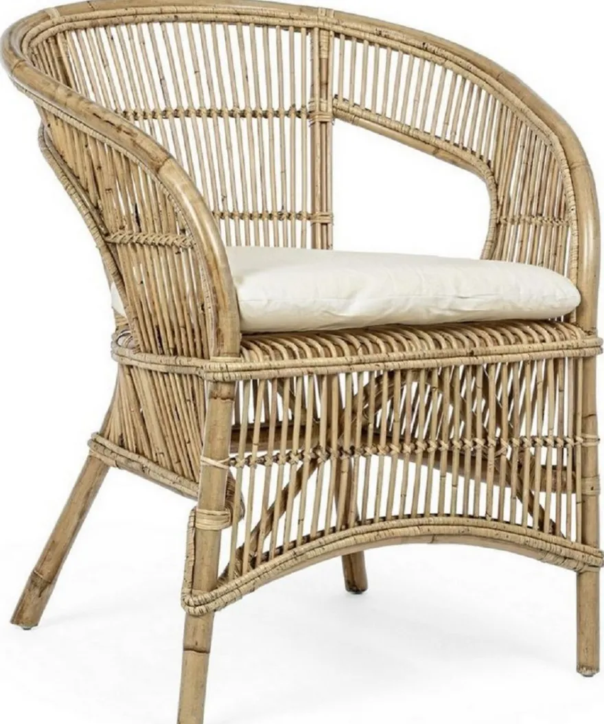 Casa Padrino Luxus Gartensessel Naturfarben / Weiß 68 x 65 x H. 82 cm - Rattan Garten & Terrassen Sessel mit Sitzkissen - Garten & Terrassen Möbel - Luxus Qualität
