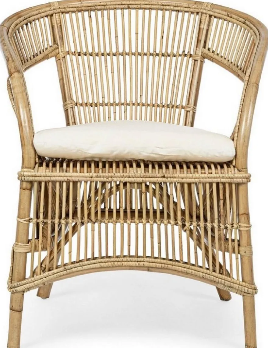 Casa Padrino Luxus Gartensessel Naturfarben / Weiß 68 x 65 x H. 82 cm - Rattan Garten & Terrassen Sessel mit Sitzkissen - Garten & Terrassen Möbel - Luxus Qualität