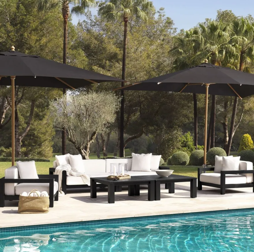 Casa Padrino Luxus Gartensofa Schwarz / Weiß 273,5 x 100 x H. 72 cm - Wetterbeständiges Garten Terrassen Sofa mit Kissen - Hotel Möbel - Luxus Qualität