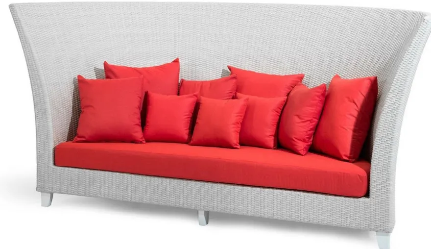 Casa Padrino Luxus Gartensofa mit halbrundem Hocker Weiß / Rot 277 x 243 x H. 133 cm - Handgewebtes Wetterbeständiges Hochlehn Sofa - Liegeinsel mit Kissen - Moderne Garten Möbel - Hotel Möbel