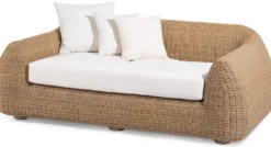 Casa Padrino Luxus Gartensofa Naturfarben / Weiß 196 x 124 x H. 72 cm - Handgewebtes wetterbeständiges Sofa mit Kissen - Moderne Garten Möbel - Hotel Möbel