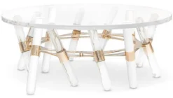 Casa Padrino Luxus Gartentisch Gold Ø 85 x H. 38,5 cm - Runder Wetterbeständiger Acryl Couchtisch - Garten Möbel - Hotel Möbel - Luxus Qualität