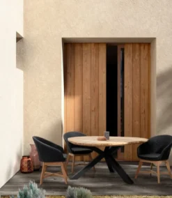 Casa Padrino Luxus Gartentisch Naturfarben / Schwarz Ø 160 x H. 77 cm - Garten Esstisch mit Teakholz Tischplatte und Aluminium Beinen - Garten & Terrassen Tisch - Luxus Garten & Terrassen Möbel