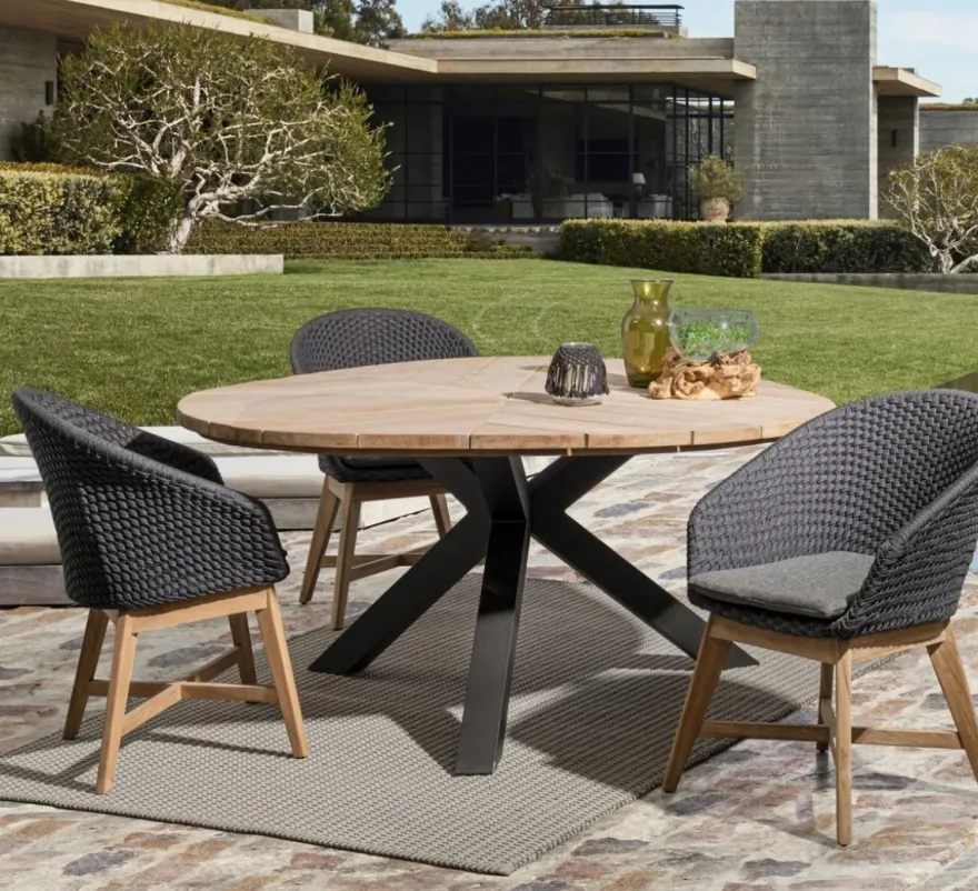 Casa Padrino Luxus Gartentisch Naturfarben / Schwarz Ø 160 x H. 77 cm - Garten Esstisch mit Teakholz Tischplatte und Aluminium Beinen - Garten & Terrassen Tisch - Luxus Garten & Terrassen Möbel