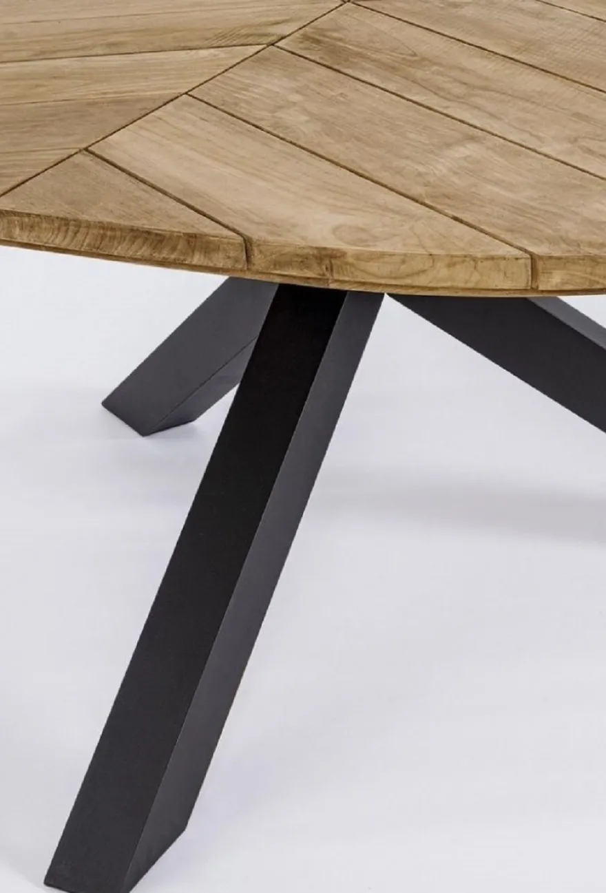 Casa Padrino Luxus Gartentisch Naturfarben / Schwarz Ø 160 x H. 77 cm - Garten Esstisch mit Teakholz Tischplatte und Aluminium Beinen - Garten & Terrassen Tisch - Luxus Garten & Terrassen Möbel