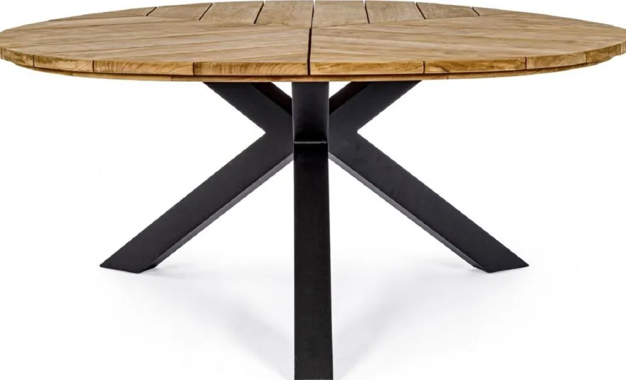 Casa Padrino Luxus Gartentisch Naturfarben / Schwarz Ø 160 x H. 77 cm - Garten Esstisch mit Teakholz Tischplatte und Aluminium Beinen - Garten & Terrassen Tisch - Luxus Garten & Terrassen Möbel