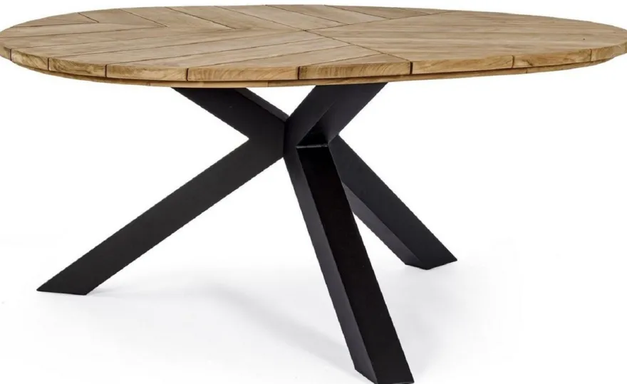 Casa Padrino Luxus Gartentisch Naturfarben / Schwarz Ø 160 x H. 77 cm - Garten Esstisch mit Teakholz Tischplatte und Aluminium Beinen - Garten & Terrassen Tisch - Luxus Garten & Terrassen Möbel