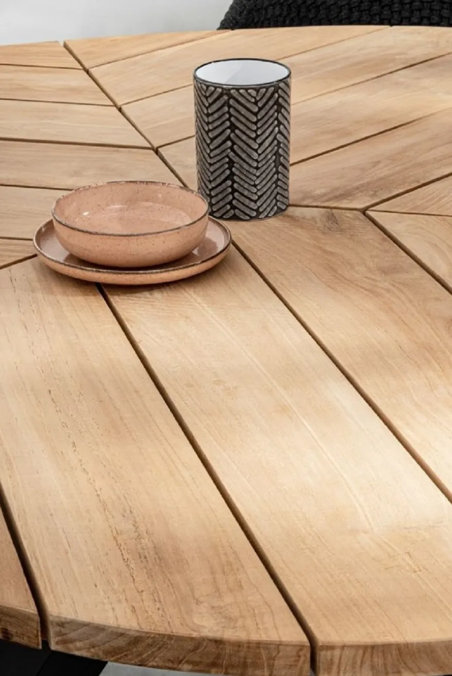 Casa Padrino Luxus Gartentisch Naturfarben / Schwarz Ø 160 x H. 77 cm - Garten Esstisch mit Teakholz Tischplatte und Aluminium Beinen - Garten & Terrassen Tisch - Luxus Garten & Terrassen Möbel