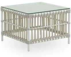 Casa Padrino Luxus Gartentisch Weiß / Grau 60 x 60 x H. 43 cm - Wetterbeständiger Garten & Terrassen Beistelltisch mit Glasplatte - Moderne Garten & Terrassen Möbel - Luxus Kollektion