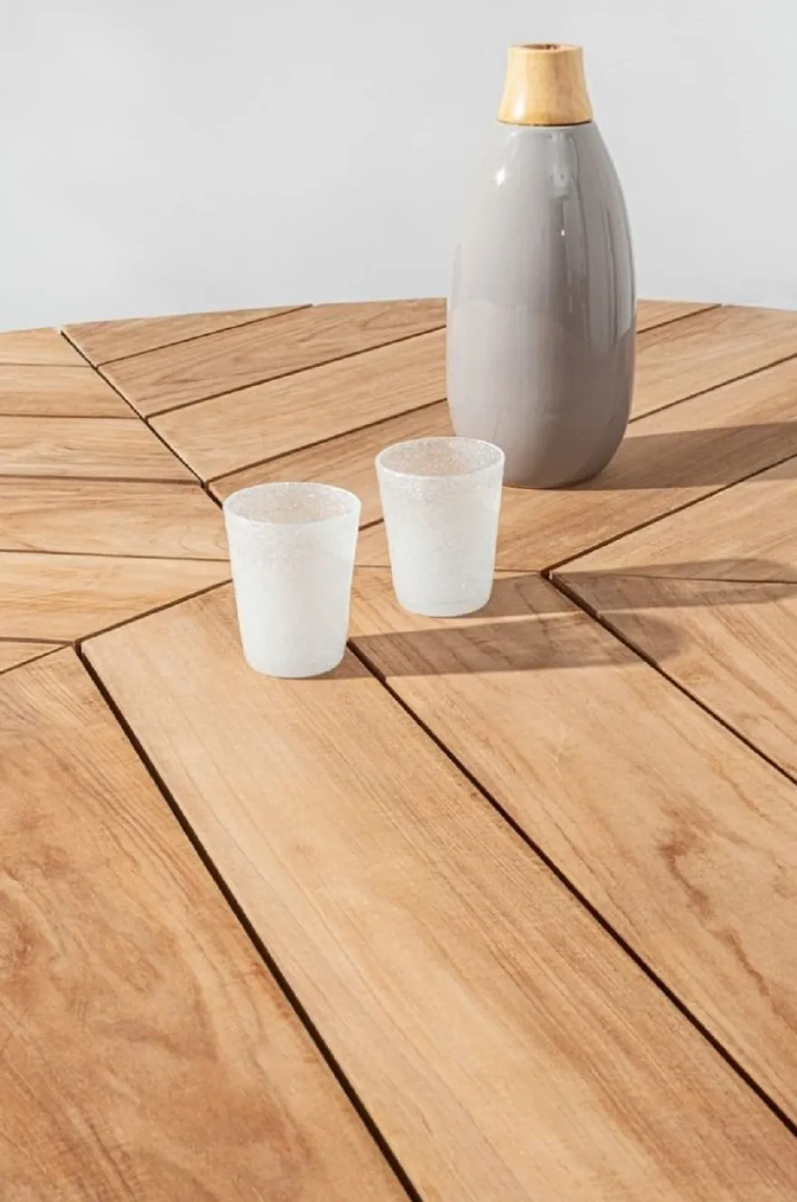 Casa Padrino Luxus Gartentisch Naturfarben / Weiß Ø 160 x H. 77 cm - Garten Esstisch mit Teakholz Tischplatte und Aluminium Beinen - Garten & Terrassen Tisch - Luxus Garten & Terrassen Möbel