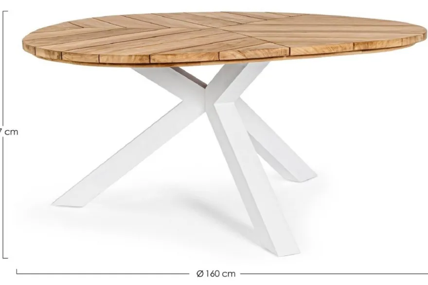 Casa Padrino Luxus Gartentisch Naturfarben / Weiß Ø 160 x H. 77 cm - Garten Esstisch mit Teakholz Tischplatte und Aluminium Beinen - Garten & Terrassen Tisch - Luxus Garten & Terrassen Möbel