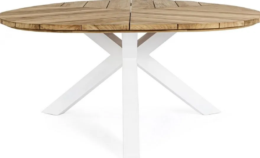 Casa Padrino Luxus Gartentisch Naturfarben / Weiß Ø 160 x H. 77 cm - Garten Esstisch mit Teakholz Tischplatte und Aluminium Beinen - Garten & Terrassen Tisch - Luxus Garten & Terrassen Möbel