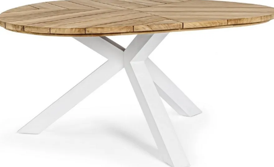 Casa Padrino Luxus Gartentisch Naturfarben / Weiß Ø 160 x H. 77 cm - Garten Esstisch mit Teakholz Tischplatte und Aluminium Beinen - Garten & Terrassen Tisch - Luxus Garten & Terrassen Möbel