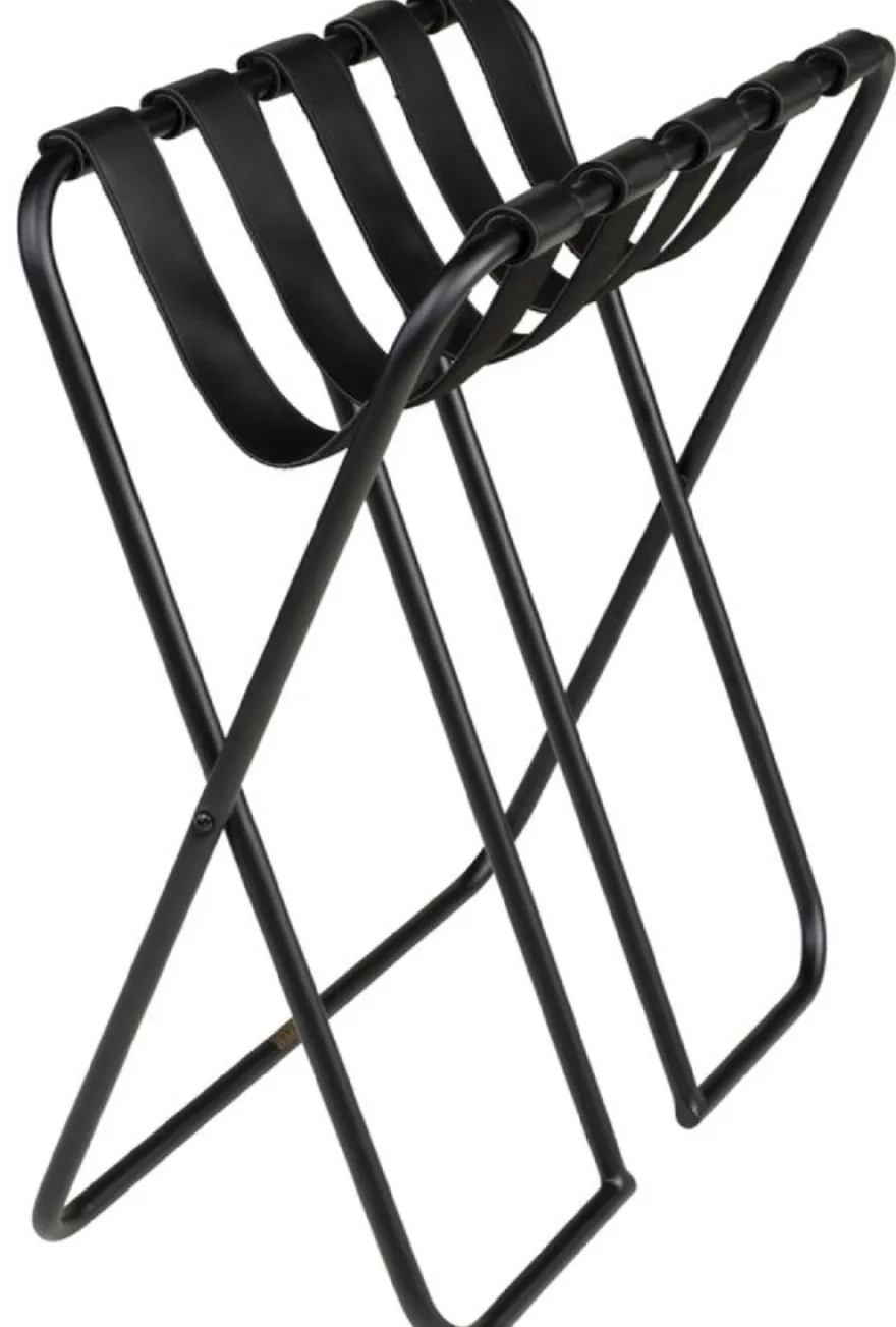 Casa Padrino Luxus Gepäckablage Schwarz 55 x 44 x H. 50 cm - Zusammenklappbarer Kofferständer mit pulverbeschichtetem Stahl und Kunstleder - Hotel Accessoires