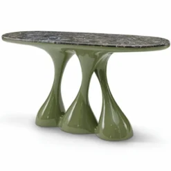 Casa Padrino Luxus Glasfaser Konsole mit Travertin Tischplatte Khaki Grün / Silbergrau 160 cm - Luxus Hotel Möbel