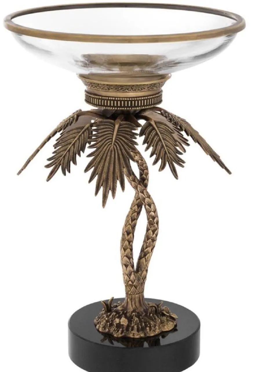 Casa Padrino Luxus Glasschale mit Messing Palmen Ständer und Granitsockel Vintage Messing /Schwarz Ø 33,5 x H. 50,5 cm - Hotel & Restaurant Accessoires