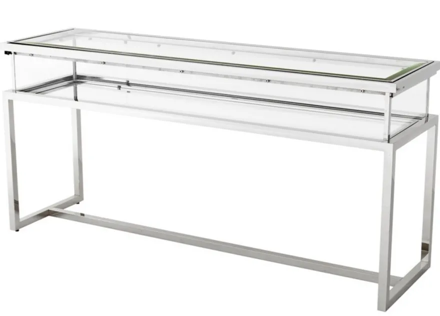 Casa Padrino Luxus Glas Vitrine Edelstahl Poliert Silber B 160 x T 45 x H 77 cm - Art Deco Konsole und Ladeneinrichtung
