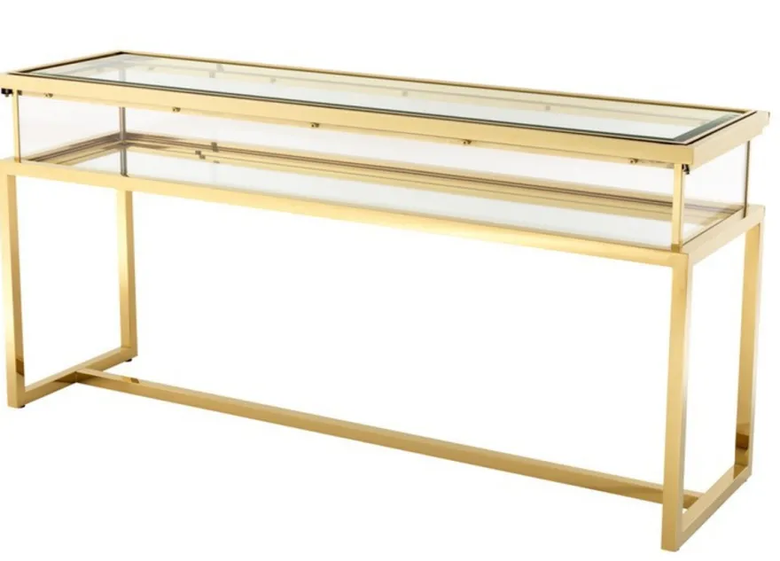 Casa Padrino Luxus Glas Vitrine Edelstahl Gold B 160 x T 45 x H 77 cm Konsole Ladeneinrichtung - Art Deco Möbel