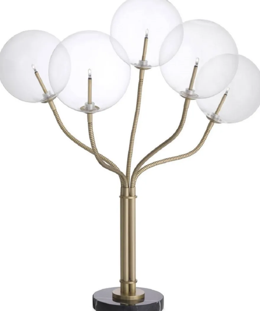Casa Padrino Luxus Halogen Tischleuchte Antik Messingfarben / Schwarz Ø 55 x H. 80 cm - Dimmbare Metall Tischlampe mit runden Glas Lampenschirmen und Marmorfuß - Luxus Kollektion
