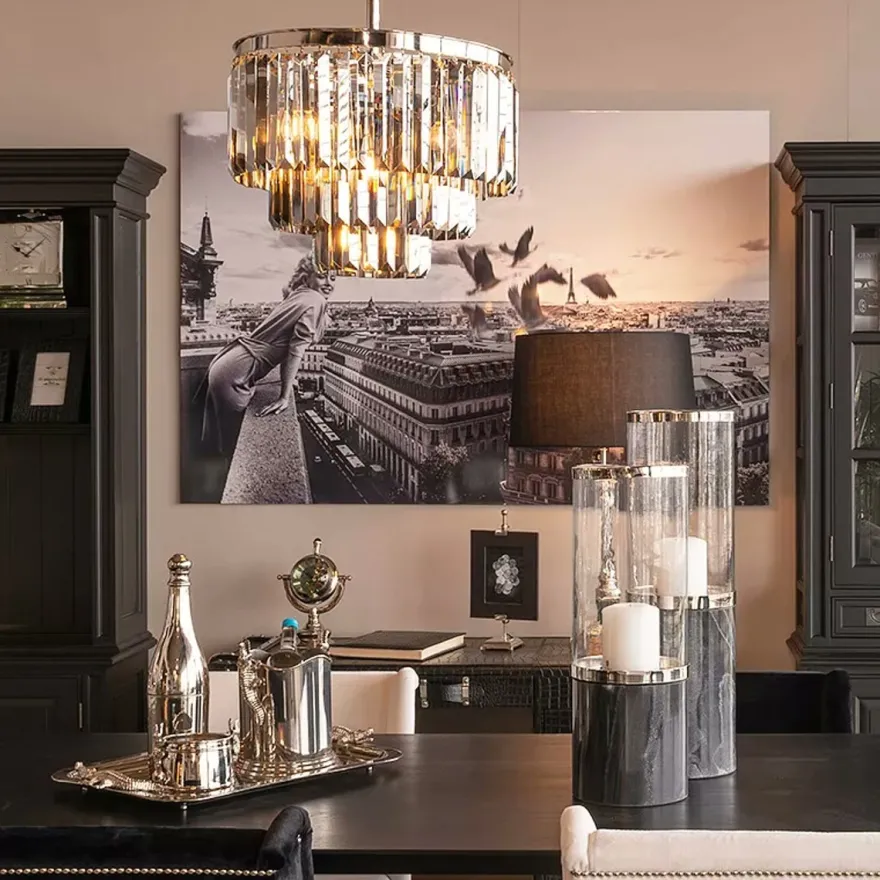 Casa Padrino Luxus Hängeleuchte Rauchglas / Silber Ø 54 x H. 42 cm - Dreistufige Kristall Pendelleuchte