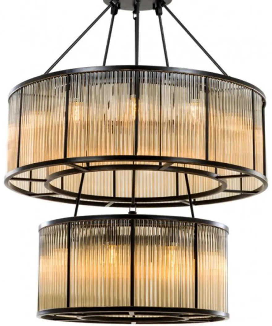 Casa Padrino Luxus Hängeleuchte im Art Deco Stil, Bronze Finish und Glas, Höhe 116 cm, Durchmesser 90 cm