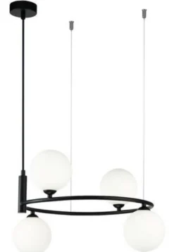 Casa Padrino Luxus Hängeleuchte Schwarz / Weiß Ø 39 x H. 28 cm - Moderne höhenverstellbare Metall Hängelampe mit runden Glas Lampenschirmen