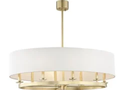 Casa Padrino Luxus Hängeleuchte Antik Messingfarben / Cremefarben Ø 51,4 x H. 29,9 cm - Runde Metall Hängelampe mit Leinenstoff