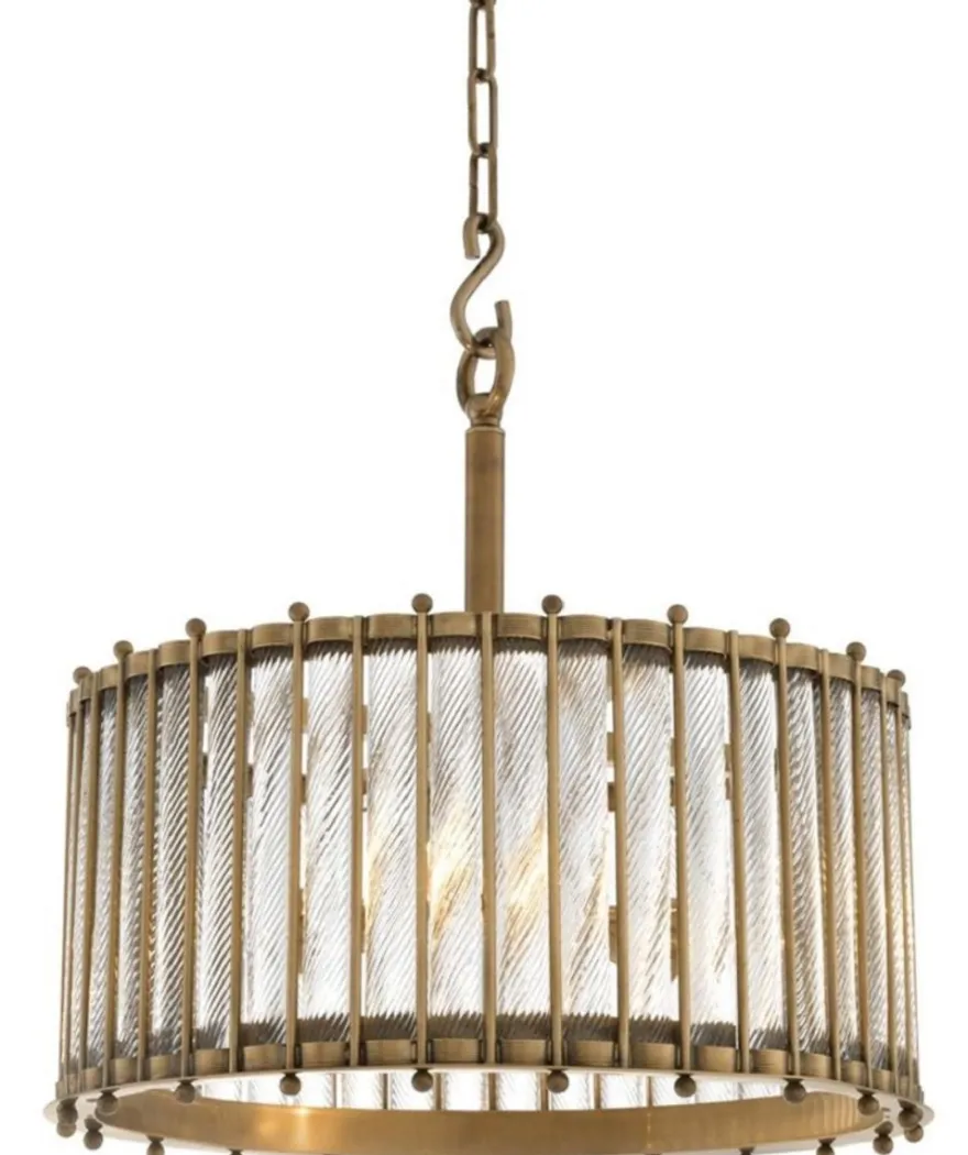 Casa Padrino Luxus Hängeleuchte Antik Messingfarben Ø 52,5 x H. 52 cm - Runde Messing Pendelleuchte mit handgemachtem Glas