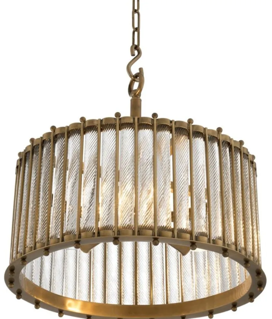 Casa Padrino Luxus Hängeleuchte Antik Messingfarben Ø 52,5 x H. 52 cm - Runde Messing Pendelleuchte mit handgemachtem Glas