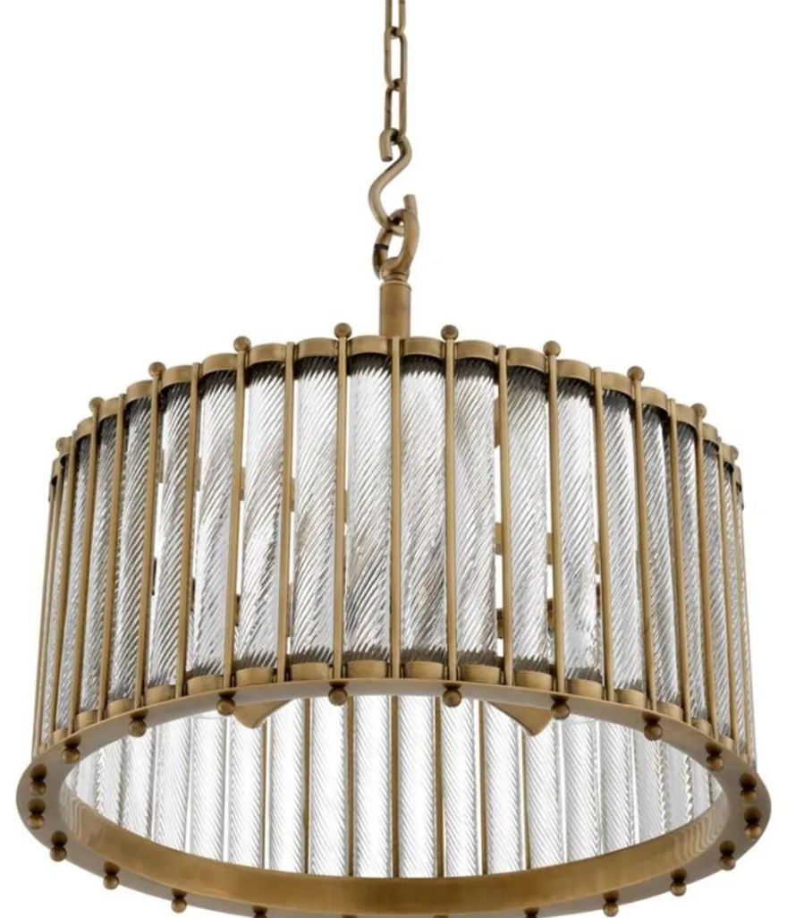 Casa Padrino Luxus Hängeleuchte Antik Messingfarben Ø 52,5 x H. 52 cm - Runde Messing Pendelleuchte mit handgemachtem Glas