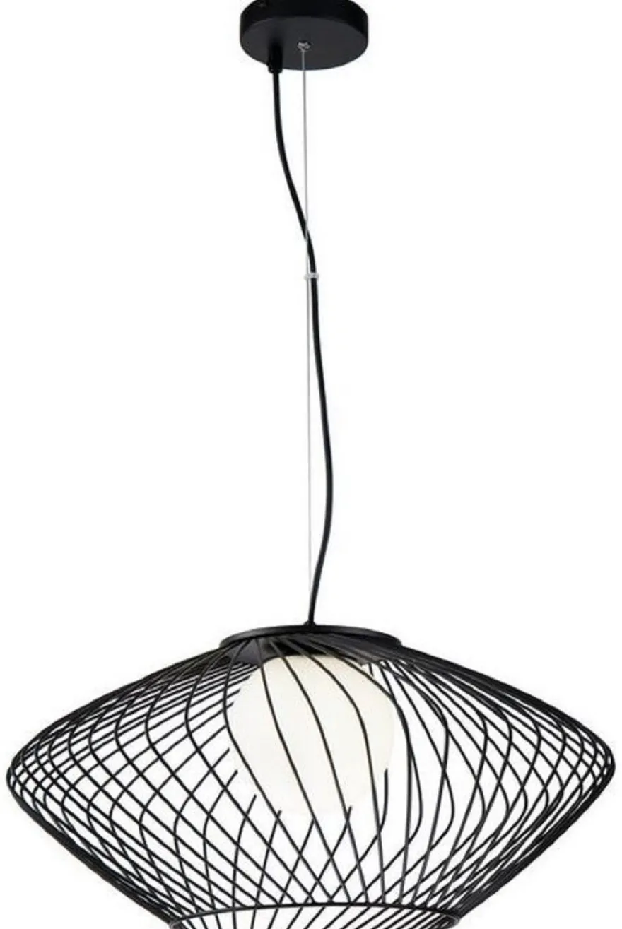 Casa Padrino Luxus Hängeleuchte Schwarz / Weiß Ø 52 x H. 24 cm - Höhenverstellbare Metall Pendelleuchte mit Glas Lampenschirm