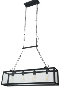 Casa Padrino Luxus Hängeleuchte Schwarz 91,5 x 17,6 x H. 29,1 cm - Hängelampe mit geschmiedetem Rahmen und Glasscheiben
