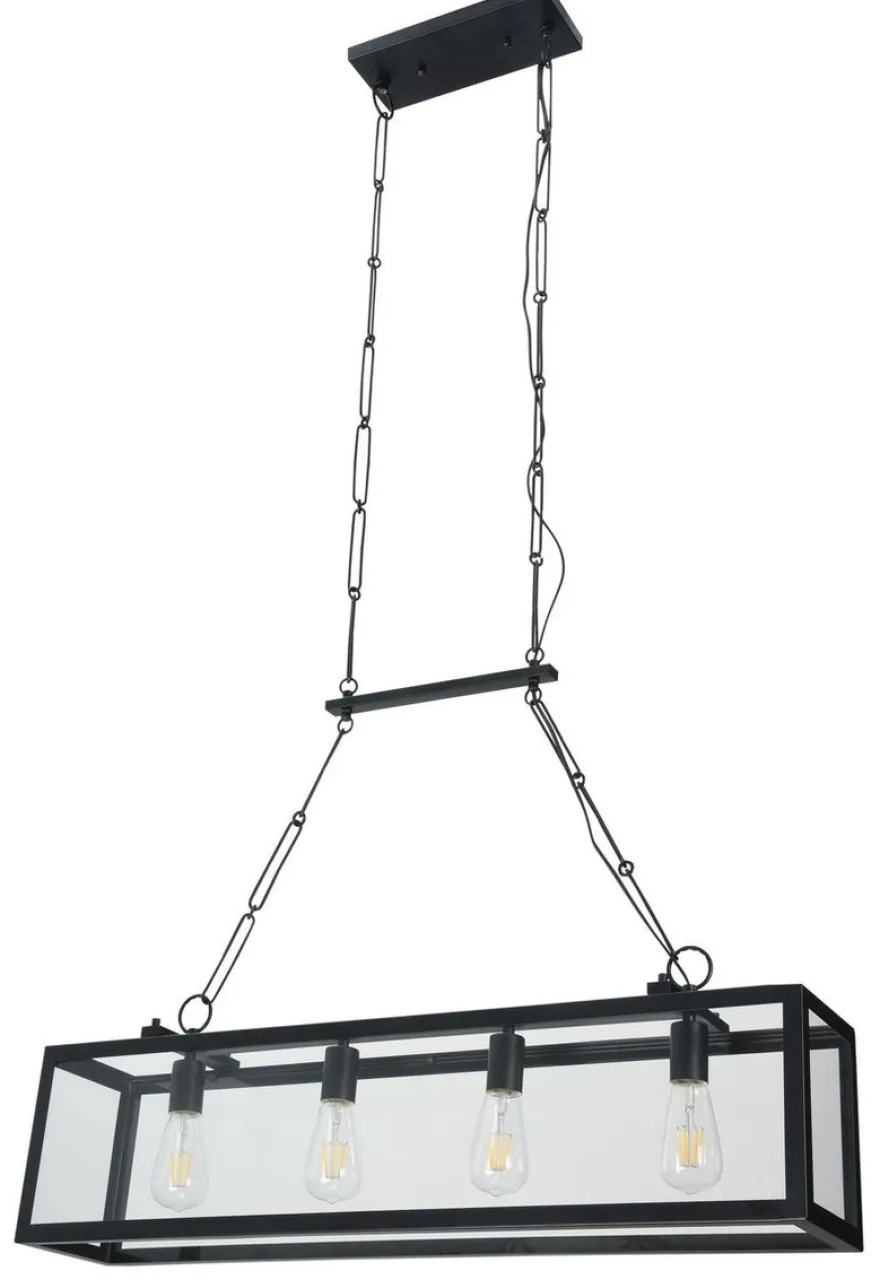 Casa Padrino Luxus Hängeleuchte Schwarz 91,5 x 17,6 x H. 29,1 cm - Hängelampe mit geschmiedetem Rahmen und Glasscheiben