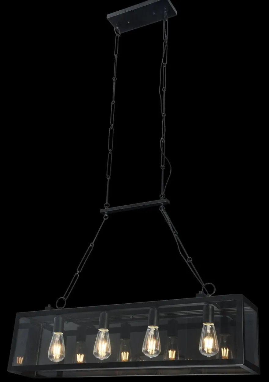 Casa Padrino Luxus Hängeleuchte Schwarz 91,5 x 17,6 x H. 29,1 cm - Hängelampe mit geschmiedetem Rahmen und Glasscheiben