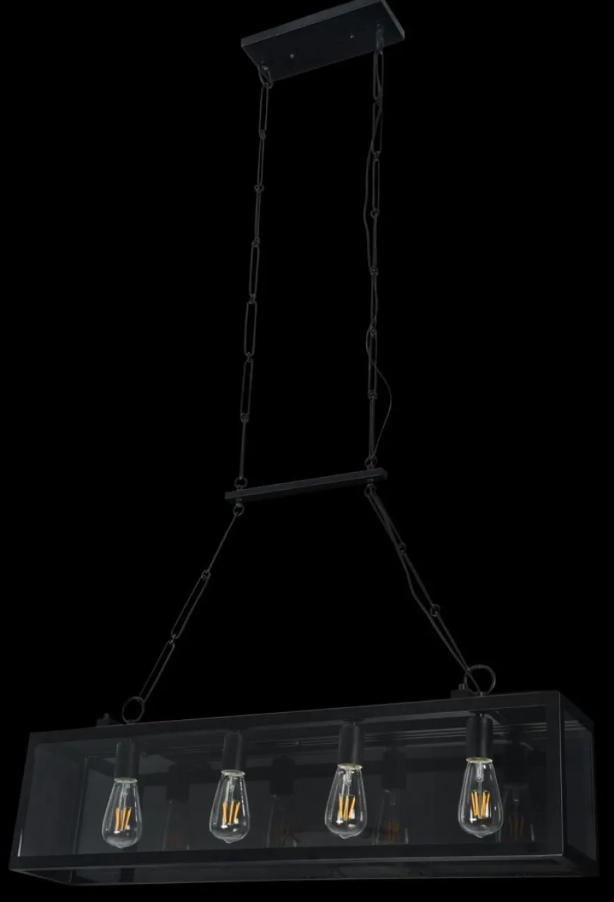 Casa Padrino Luxus Hängeleuchte Schwarz 91,5 x 17,6 x H. 29,1 cm - Hängelampe mit geschmiedetem Rahmen und Glasscheiben
