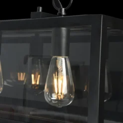 Casa Padrino Luxus Hängeleuchte Schwarz 91,5 x 17,6 x H. 29,1 cm - Hängelampe mit geschmiedetem Rahmen und Glasscheiben