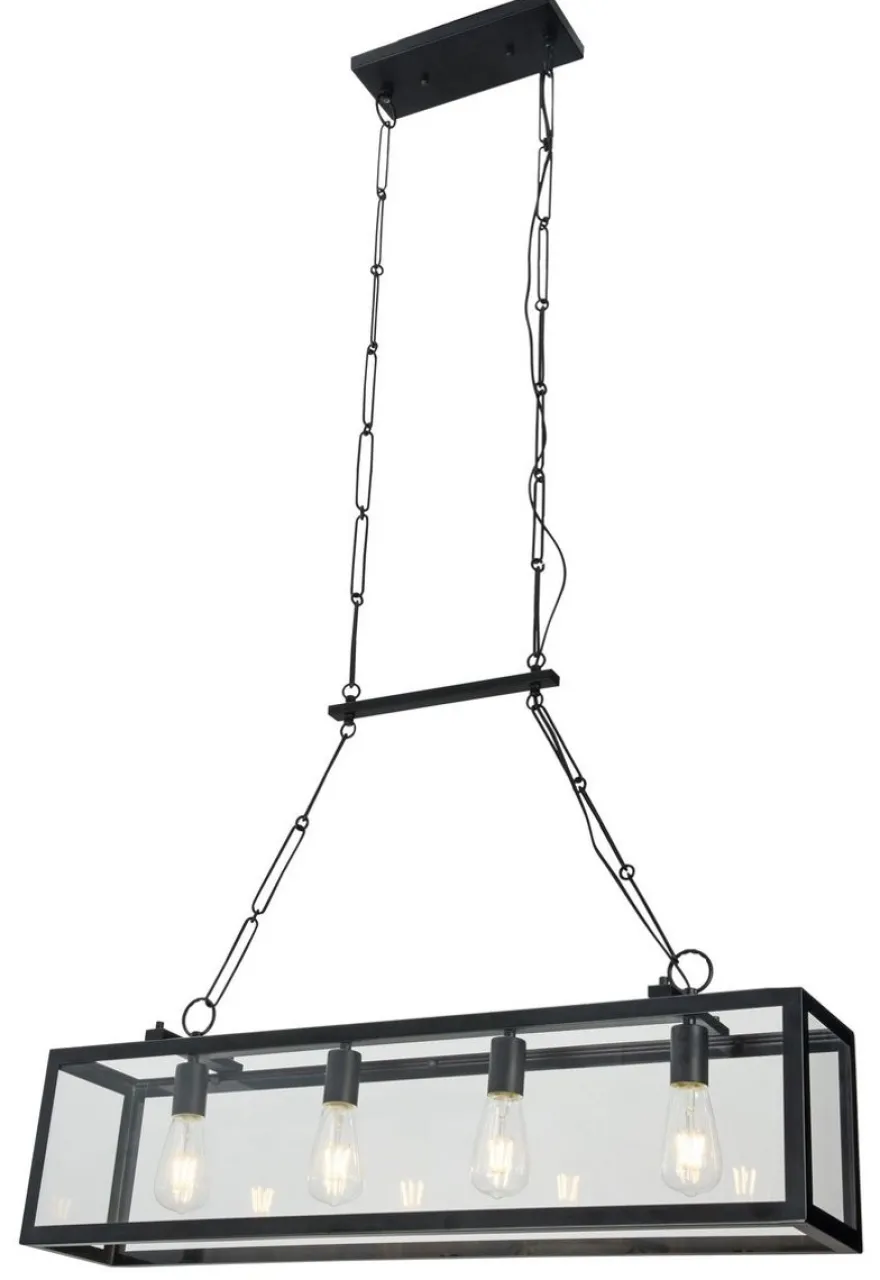 Casa Padrino Luxus Hängeleuchte Schwarz 91,5 x 17,6 x H. 29,1 cm - Hängelampe mit geschmiedetem Rahmen und Glasscheiben