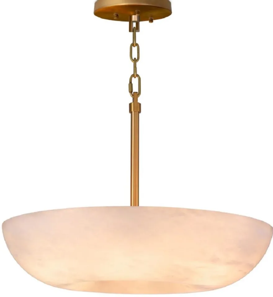 Casa Padrino Luxus Hängeleuchte Alabaster / Antik Messing Ø 60 x H. 15 cm - Metall Hängelampe mit rundem Alabaster Lampenschirm - Wohnzimmer Hängeleuchte - Luxus Leuchten - Luxus Qualität