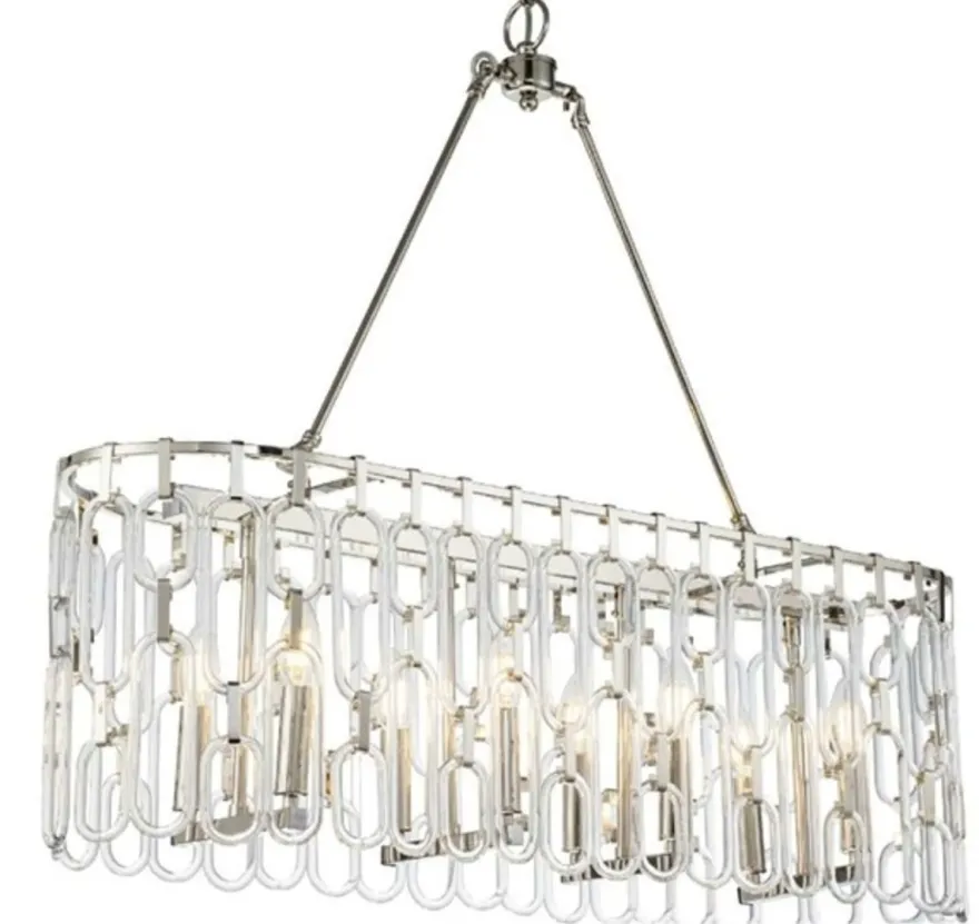 Casa Padrino Luxus Hängeleuchte Silber 92 x 26 x H. 80 cm - Länglicher Esstisch Lüster mit Glasgliedern