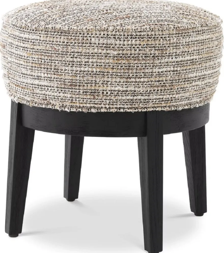 Casa Padrino Luxus Hocker Beige / Schwarz Ø 45,5 x H. 47 cm - Runder Wohnzimmer Sitzhocker - Moderner Rundhocker - Luxus Möbel