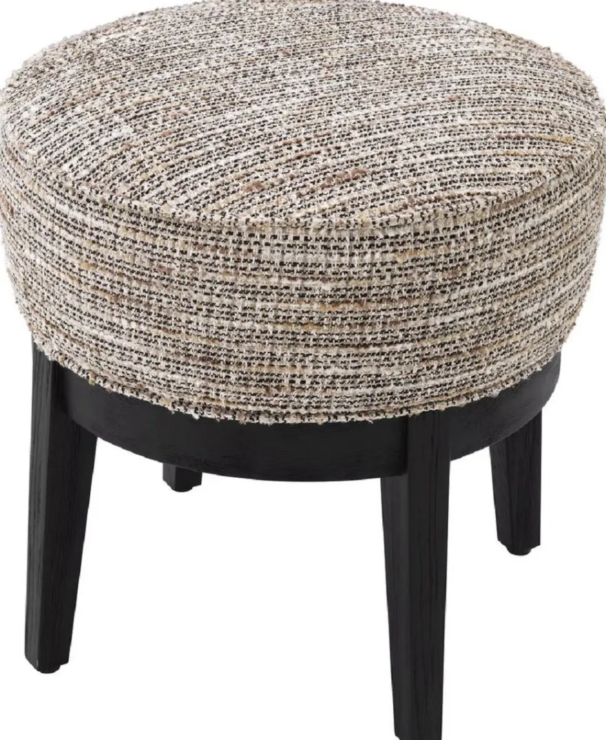 Casa Padrino Luxus Hocker Beige / Schwarz Ø 45,5 x H. 47 cm - Runder Wohnzimmer Sitzhocker - Moderner Rundhocker - Luxus Möbel