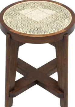 Casa Padrino Luxus Hocker Braun / Naturfarben Ø 44,5 x H. 47 cm - Runder Massivholz Sitzhocker mit Rattangeflecht - Wohnzimmer Möbel
